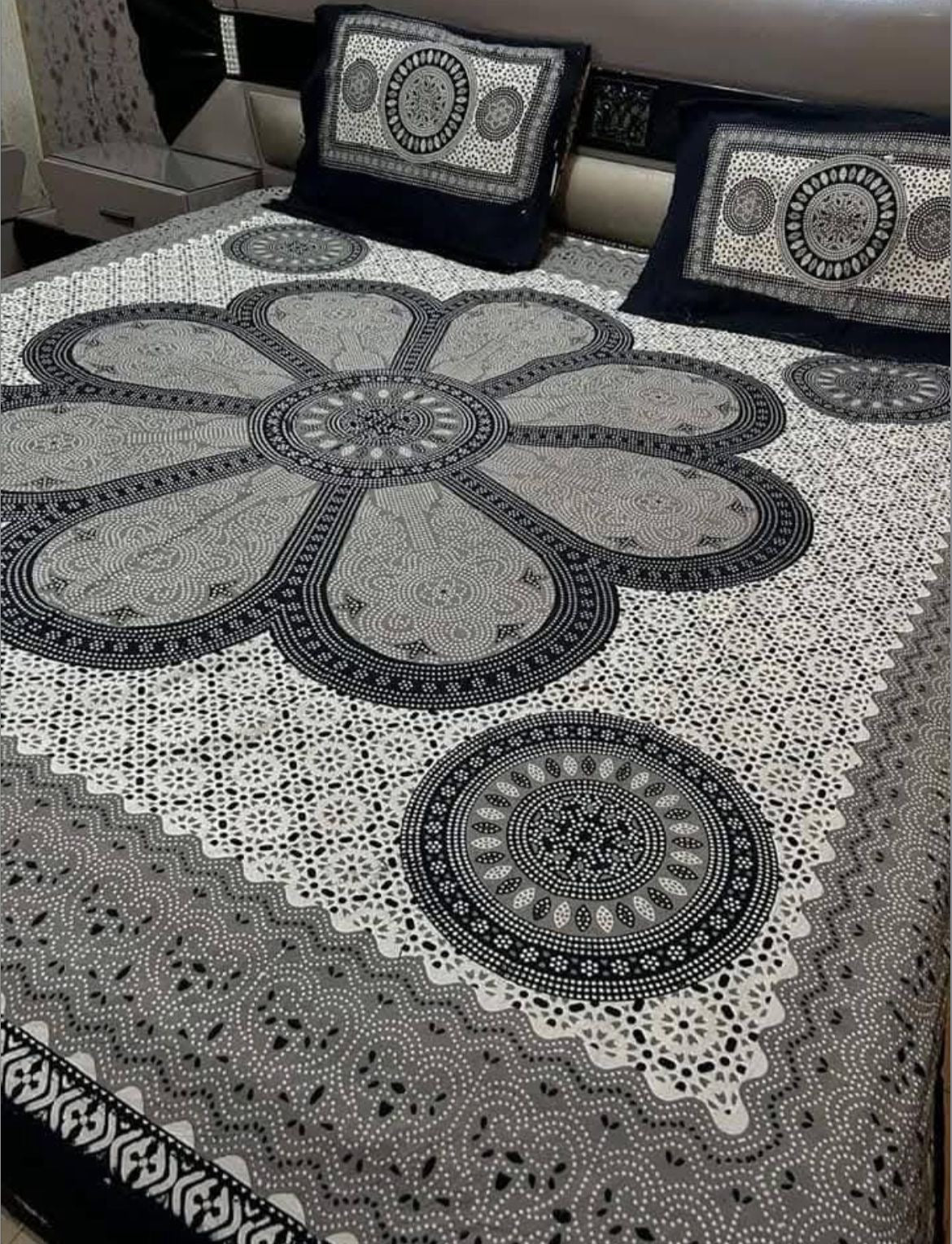 King Size Ajrak Block Hand Print Cotton Stuff Bedsheet Set with 2 Unstitched Pillow Covers