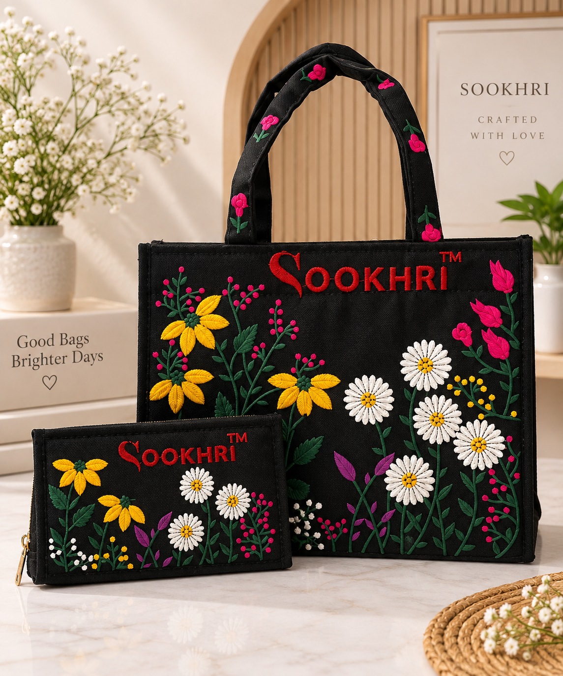 Premium Jute Fabric Floral Embroidered Tote Bag with Matching Clutch – Medium Size