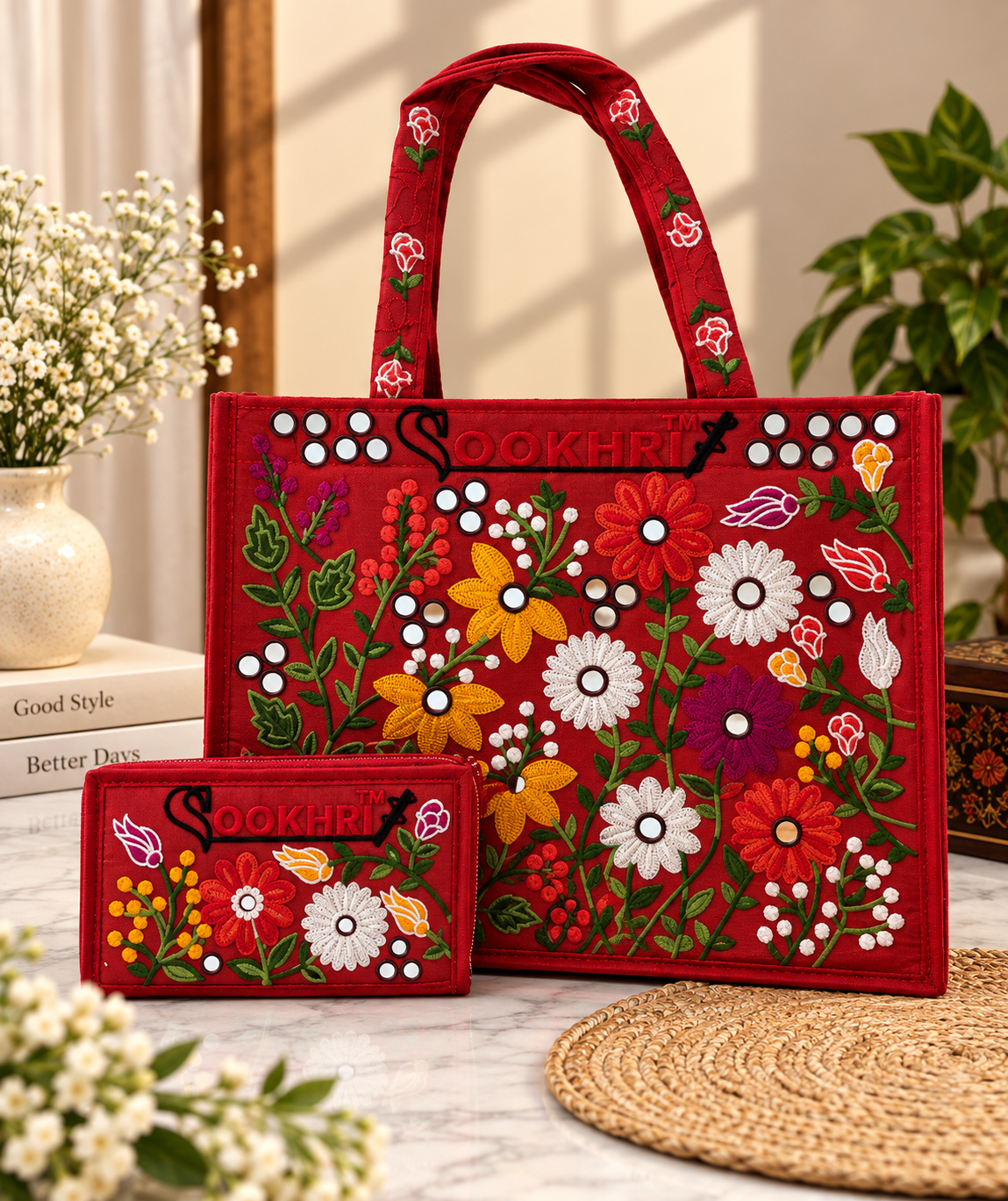 Traditional Multi-Pattern Antique Embroidered Handbag with Matching Clutch