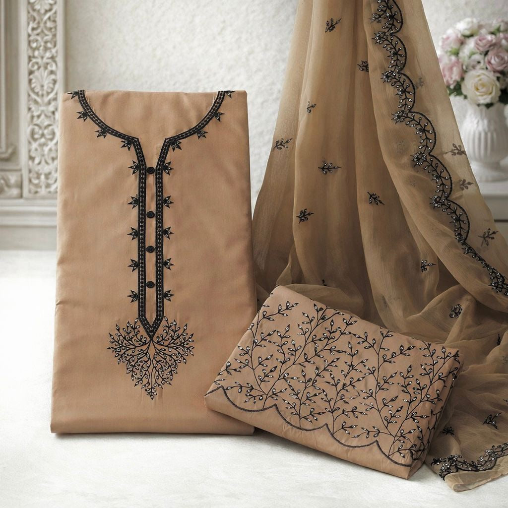 Embroidered 3-Piece Cotton Suit with Chiffon Dupatta | Golden Sequin Work