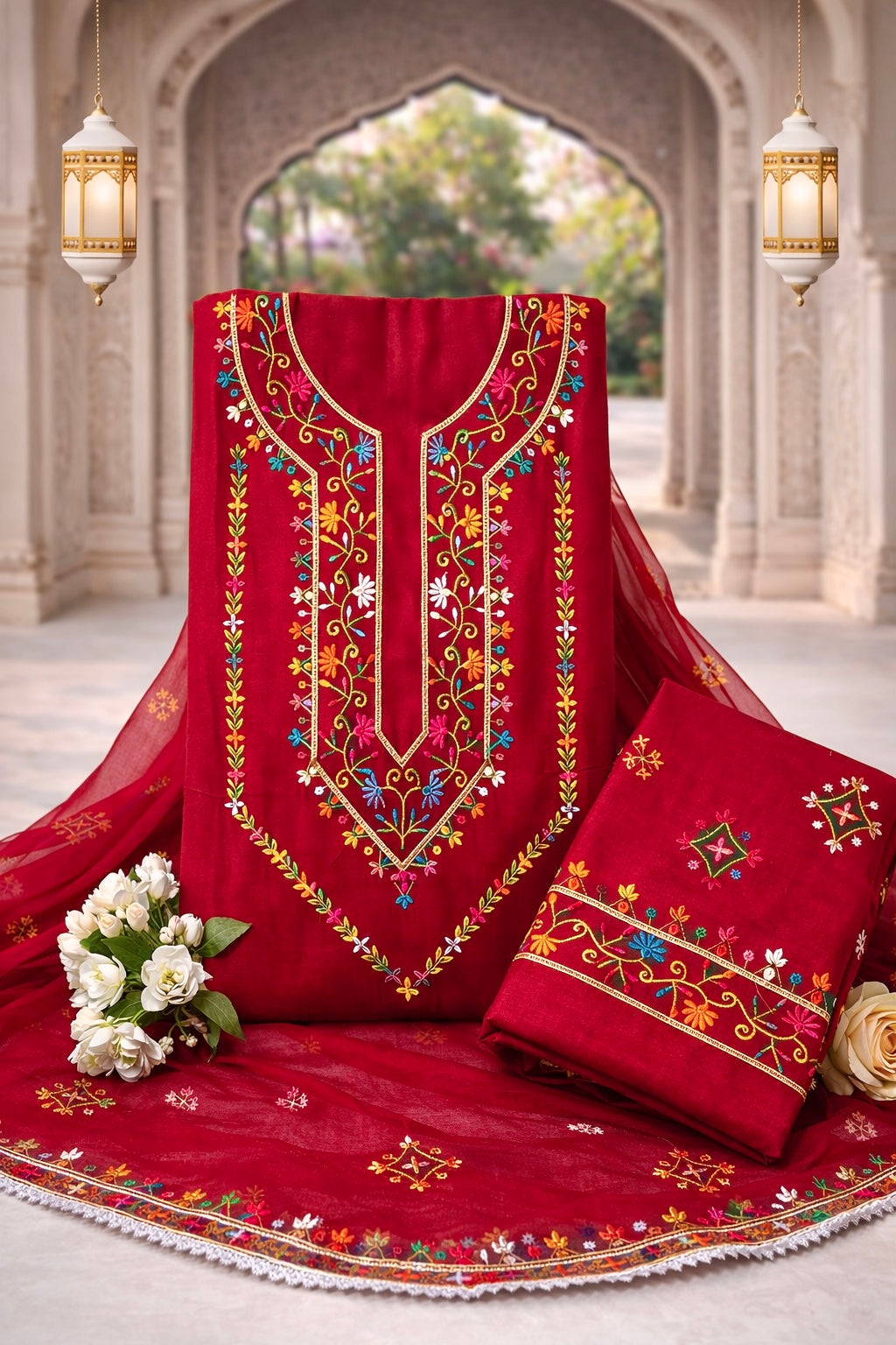 Elegant Multicolor Embroidered Lawn Cotton with Chiffon Dupatta Traditional Design - Unstitch 3PC Dress 👗