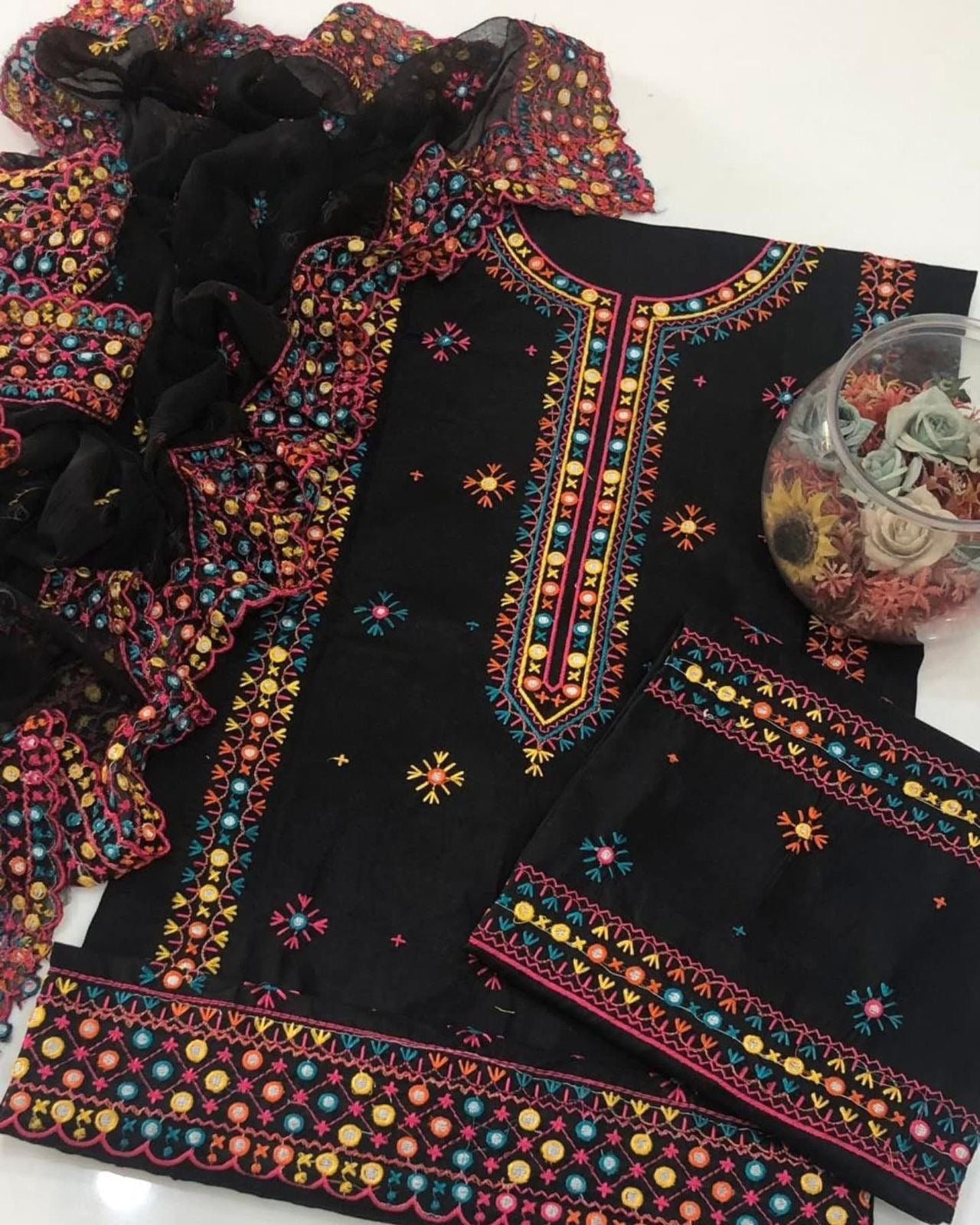 Computer Multi Embroidery Gala Bail Daman Unstitch 3pc Dress