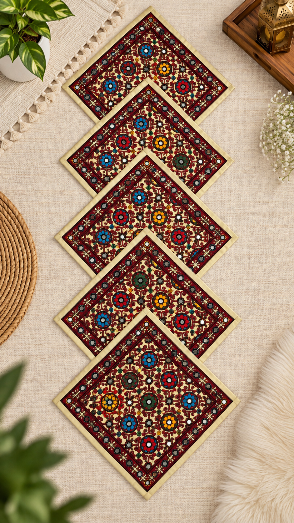 Traditional Embroidered Cushion Cover Set (5 Pieces) – 16x16 Inches