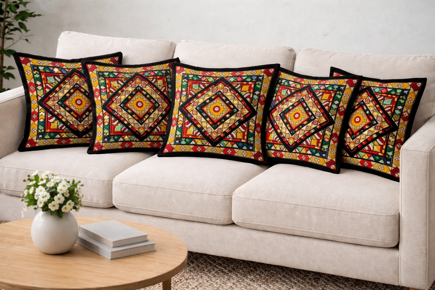 Traditional Embroidered Cushion Cover Set (5 Pieces) – 16x16 Inches