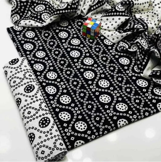 Black Ajrak Hand Block Print Cotton Unstitched 3-Piece Suit | All-Season Wear