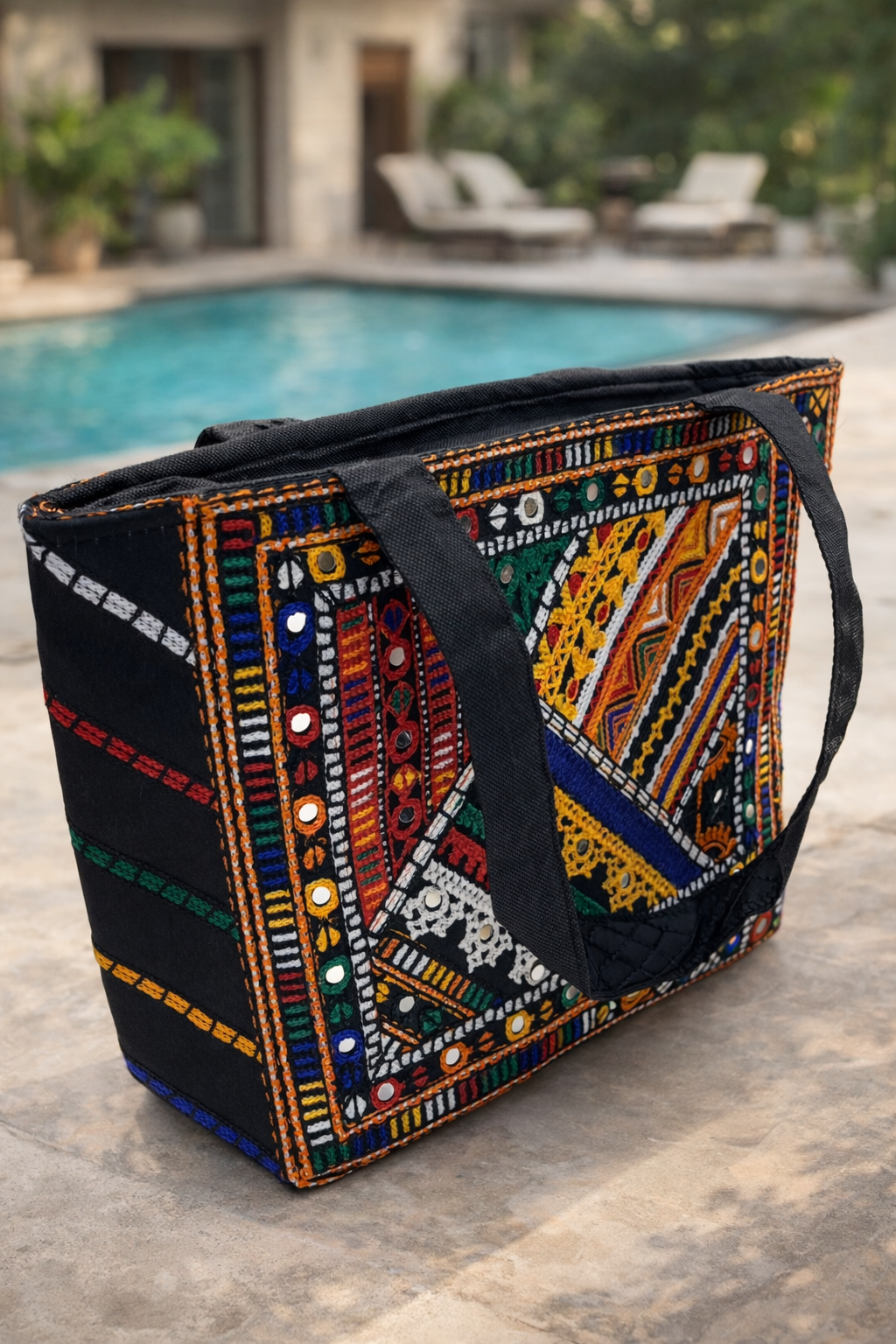 Antique Style Front-Back Multi Embroidery Tokri Handbag (Large Size)