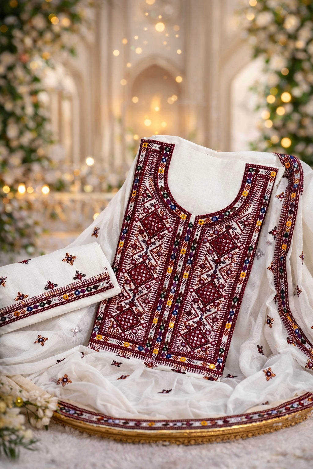 Balochi Thick Thread Sitara Embroidery Lawn Cotton With Chiffon Dupatta - 3PC Unstitch Dress 👗