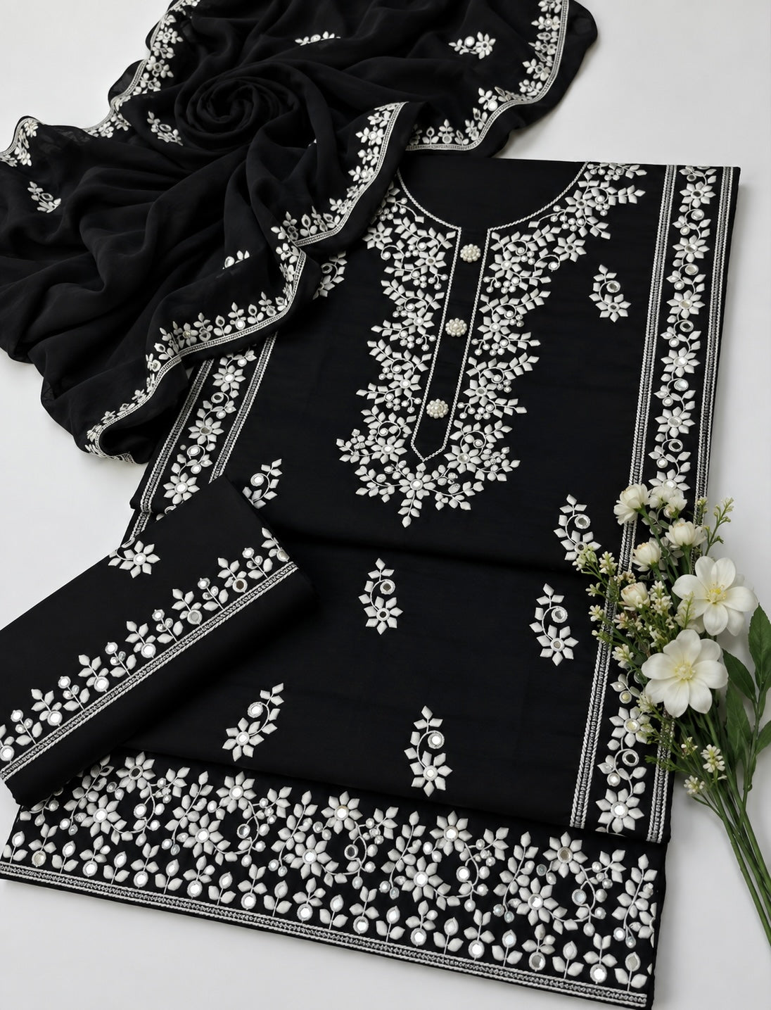 Applic Patti Style Sitara Embroidered Soft Cotton Shirt & Trouser with Chiffon Embroidered Dupatta - 3PC Unstitch Dress 👗