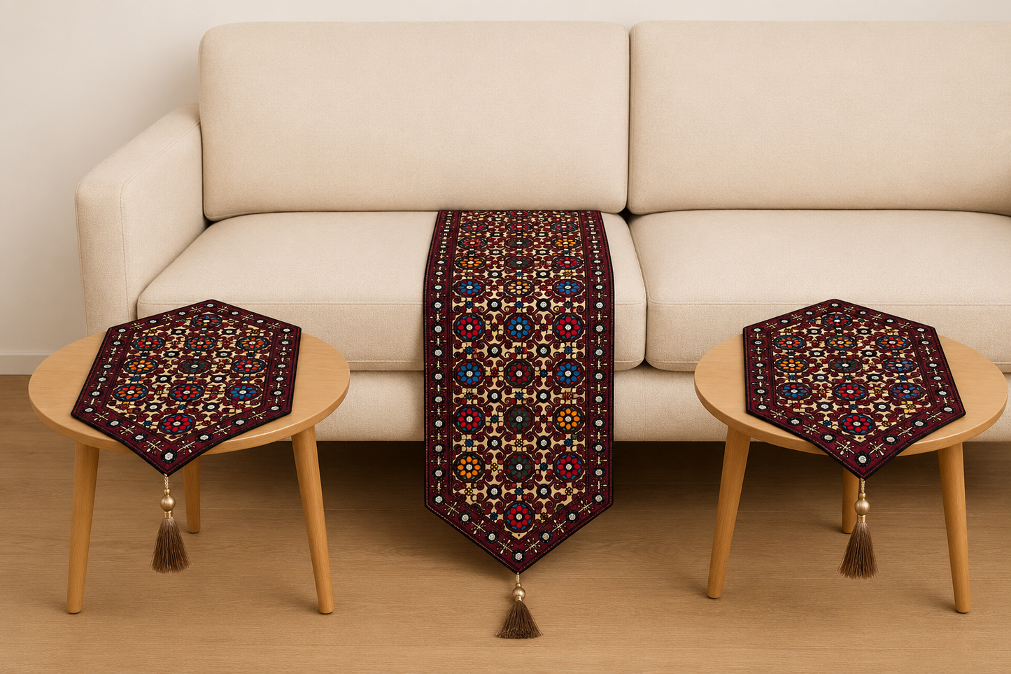 Antique Multi Sitara Machine Embroidered Sofa Table Mats 3pc Set