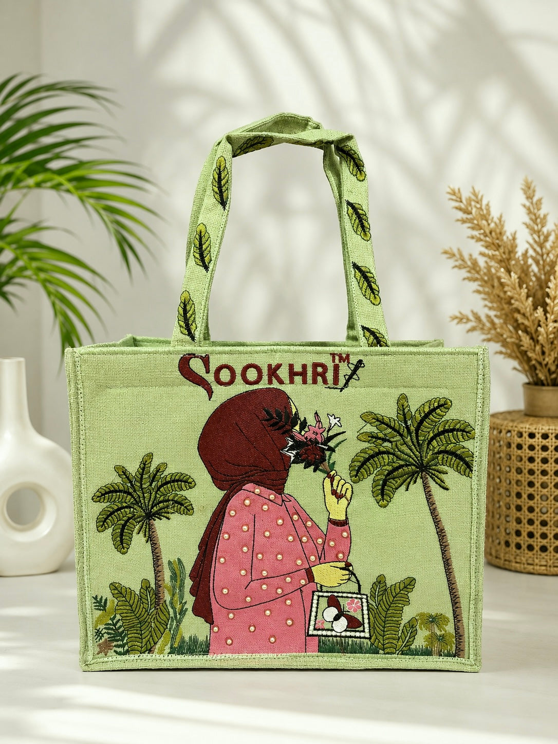 Sookhri Handcrafted Embroidered Jute Tote Bag for Women | Eco-Friendly Shopping & Everyday Handbag (15 Inches Length | 11.5 Inches Width)