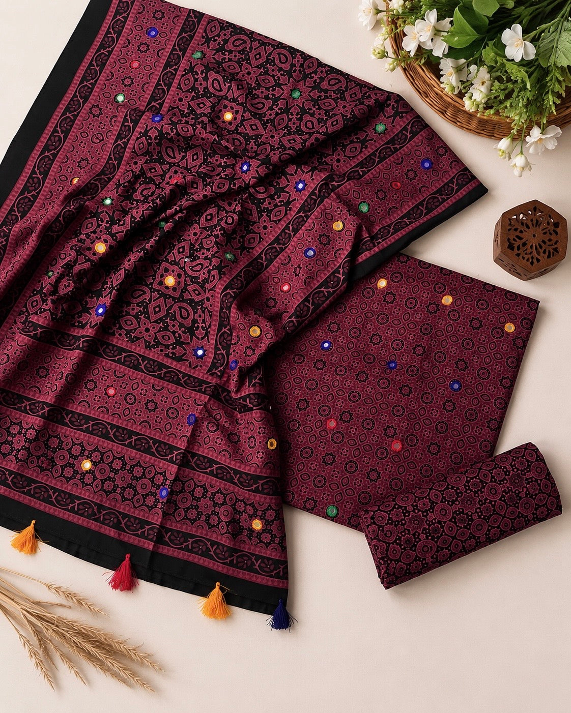 Ajrak Block Print Cotton 3-Piece Suit with Multi Sitara Foil Work – Hand-Dyed Traditional Elegance