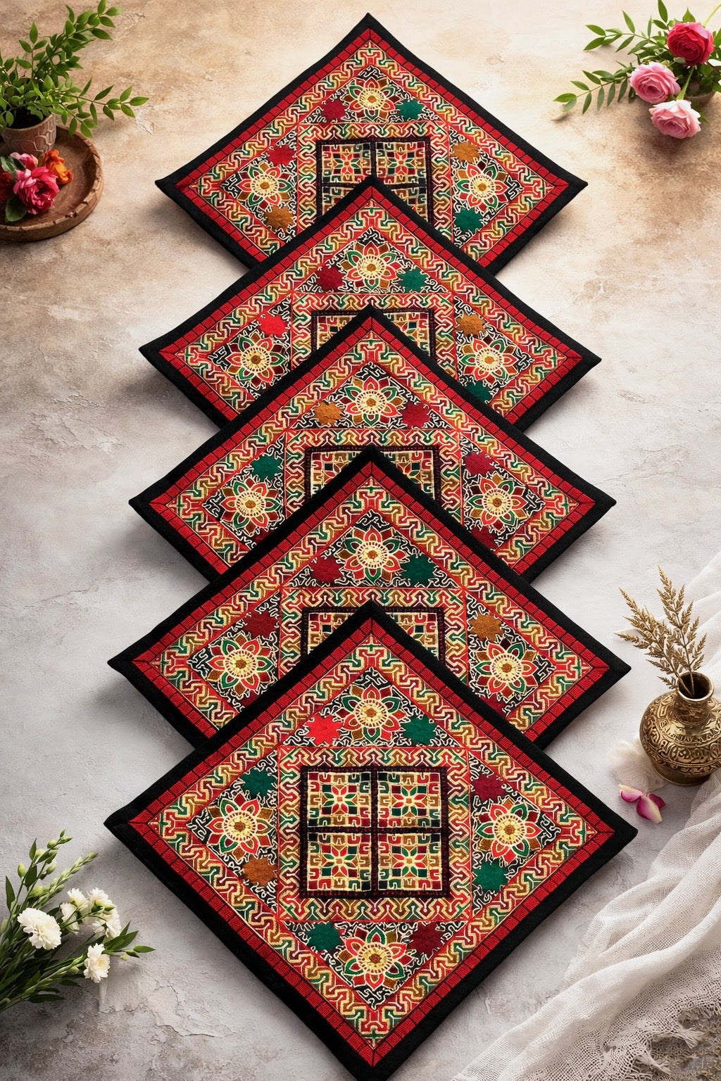 Traditional Embroidered Cushion Cover Set (5 Pieces) – 16x16 Inches