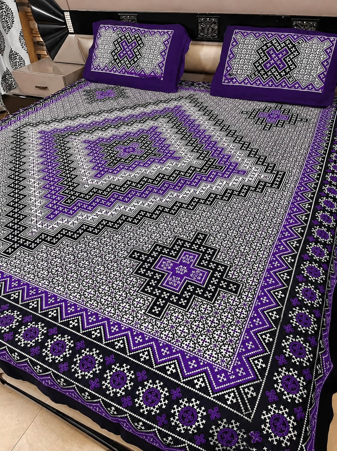 King Size Ajrak Block Hand Print Cotton Stuff Bedsheet Set with 2 Unstitched Pillow Covers