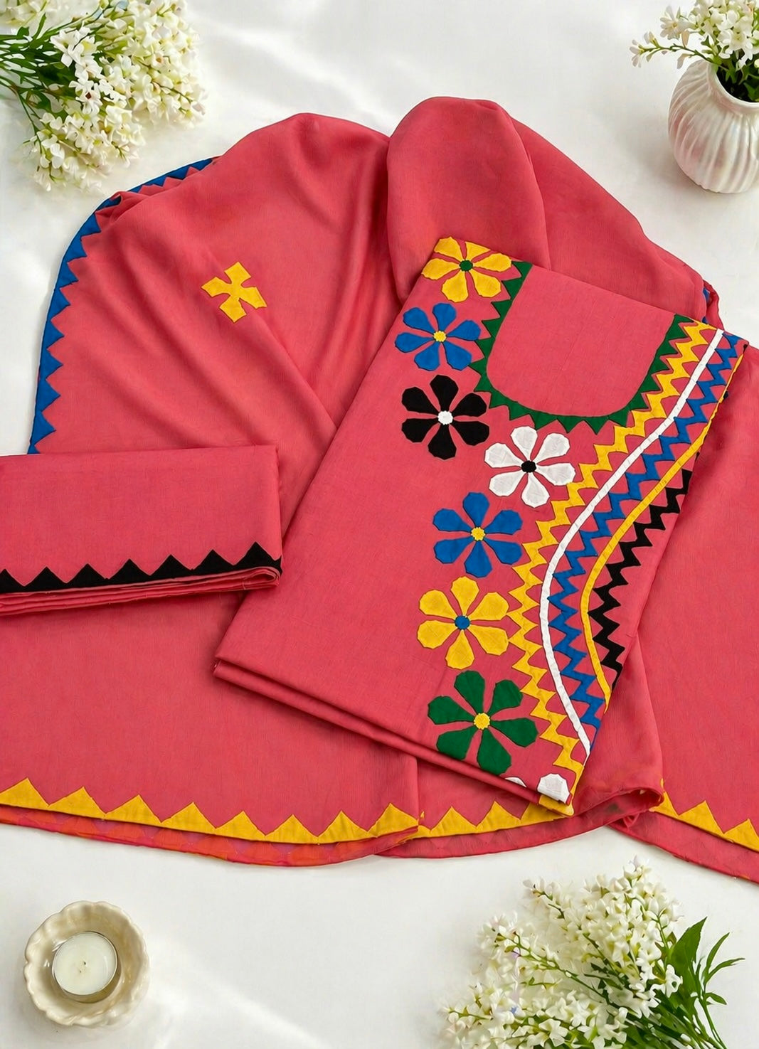 Angrakha Neck Style Multi Applique Work Handmade Lawn Cotton with Chiffon Dupatta - 3PC Unstitch Dress 👗
