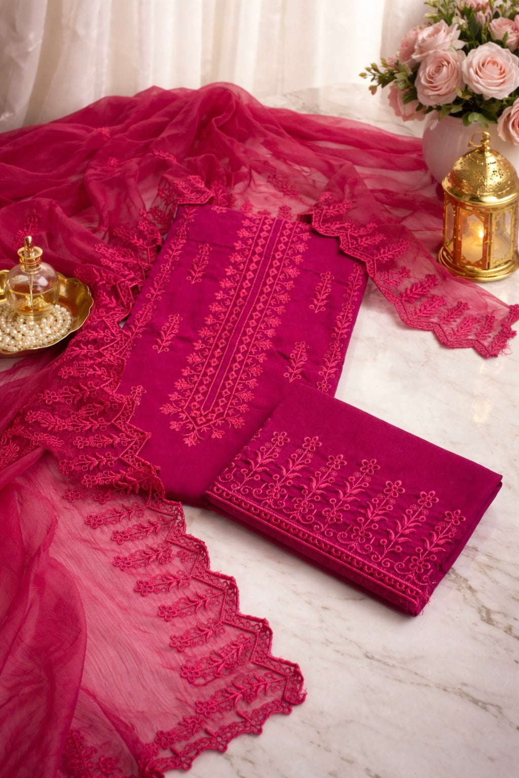 Chiken Bouring Embroidery With Cutwork Dupatta 3pc Dress 👗