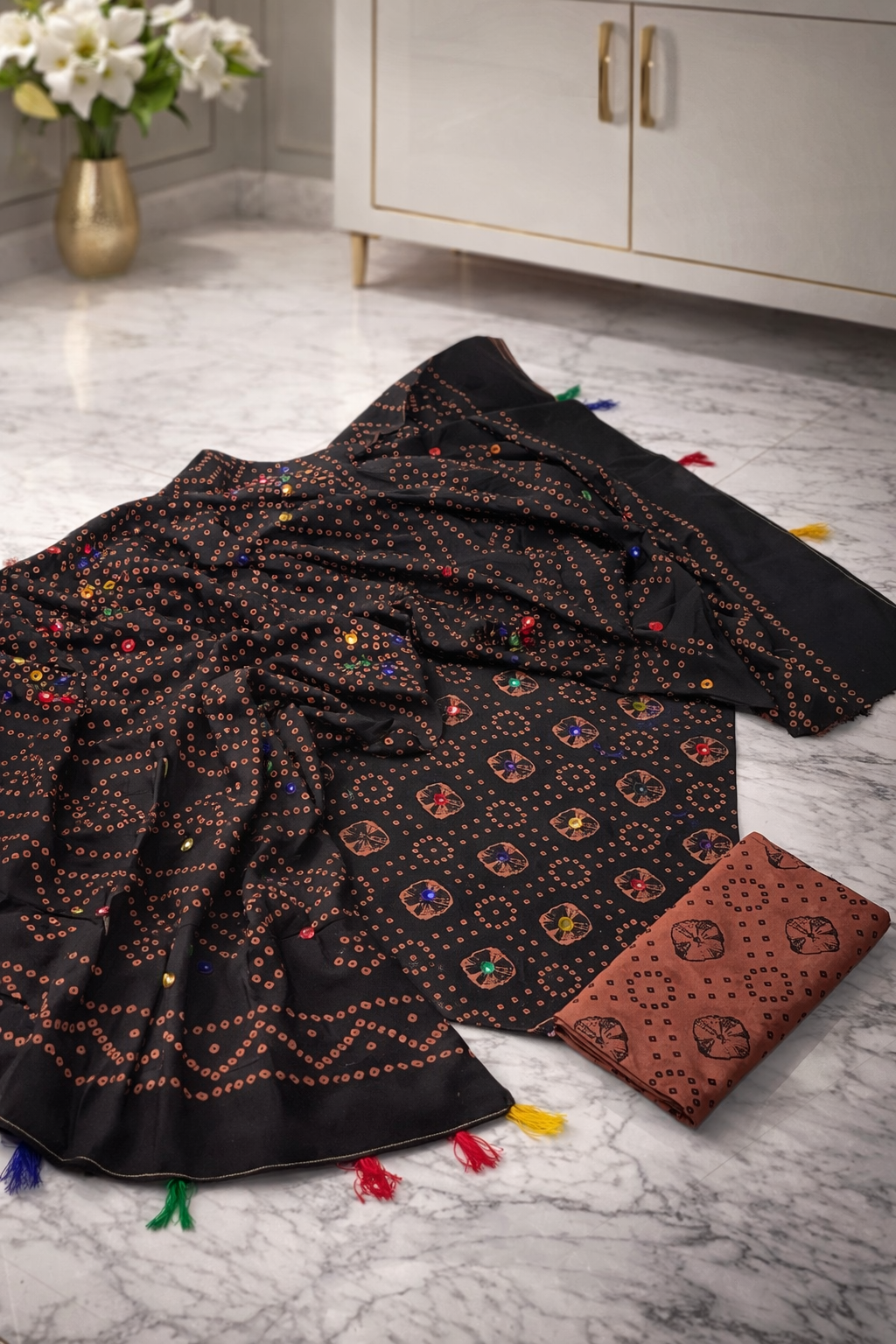 Chunri Block Print Cotton 3-Piece Suit Multi-Sitara Foil Work - 3PC Unstitch Dress