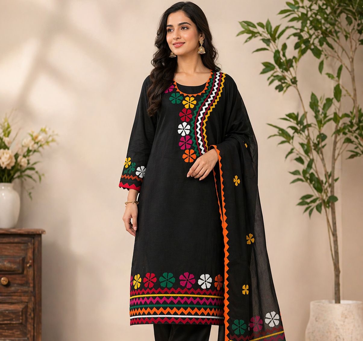 Angrakha Neck Style Multi Applique Work Handmade Lawn Cotton with Chiffon Dupatta - 3PC Unstitch Dress 👗