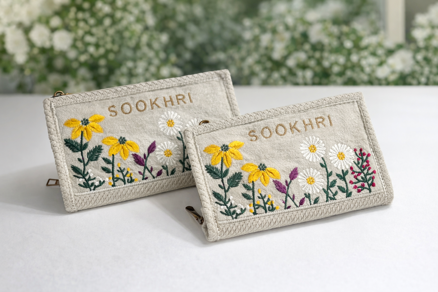 SOOKHRI Embroidered Velvet Clutch – Floral Zipper Wallet (Pair of 2)