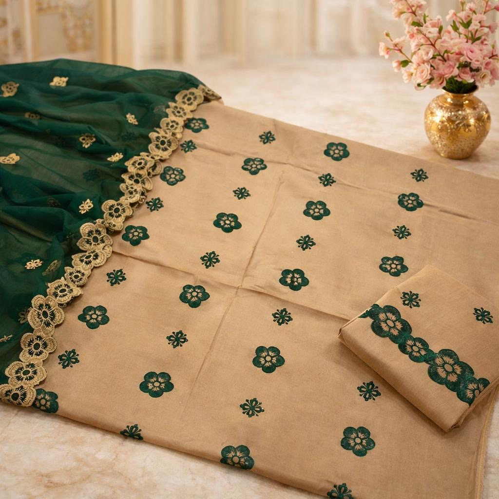 Floral Embroidered Unstitched Soft Cotton 3PC Suit With Chiffon Cutwork Dupatta