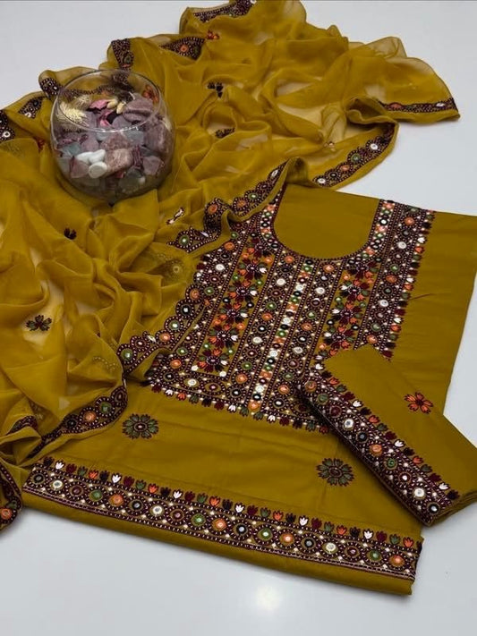 Balochi Multi Thick Thread 9MM Sitara Heavy Embroidered Soft Cotton with Chiffon Dupatta – 3PC Unstitched Dress