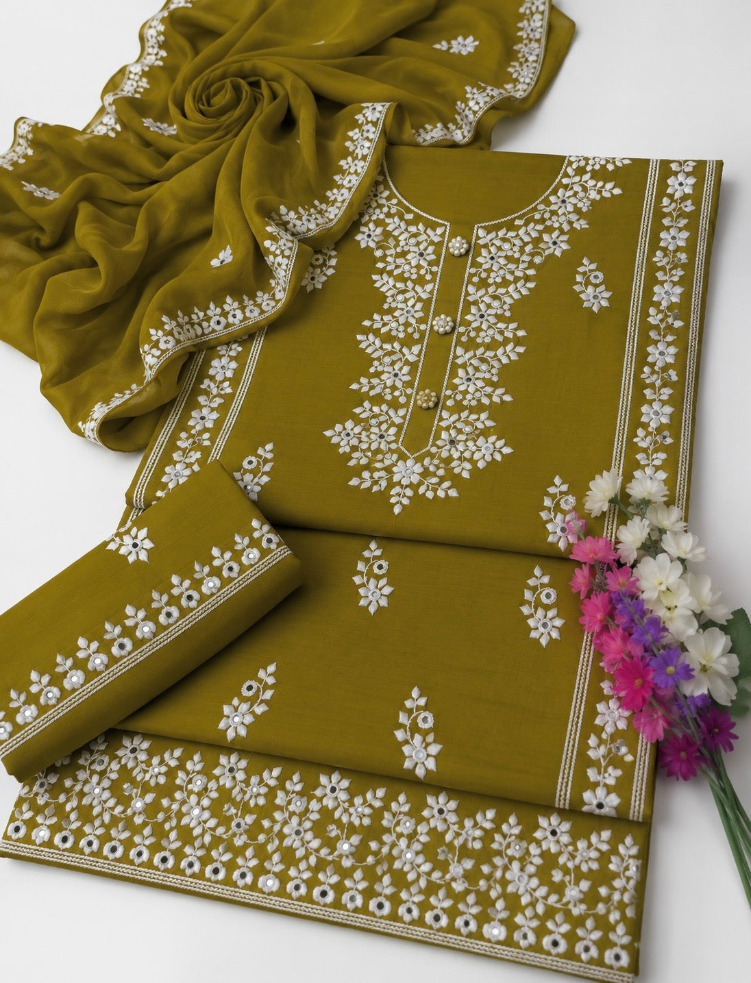 Applic Patti Style Sitara Embroidered Soft Cotton Shirt & Trouser with Chiffon Embroidered Dupatta - 3PC Unstitch Dress 👗