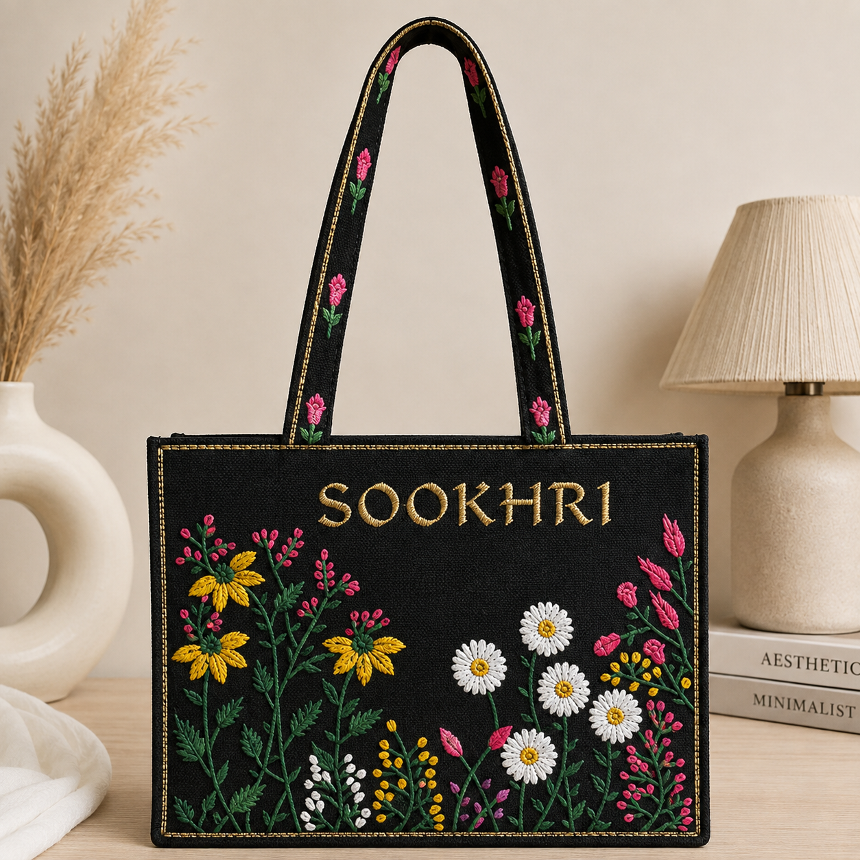 Jute Fabric Computer Flower Embroiderd Tote Bag – (14 Inches Length | 11 inches Width)