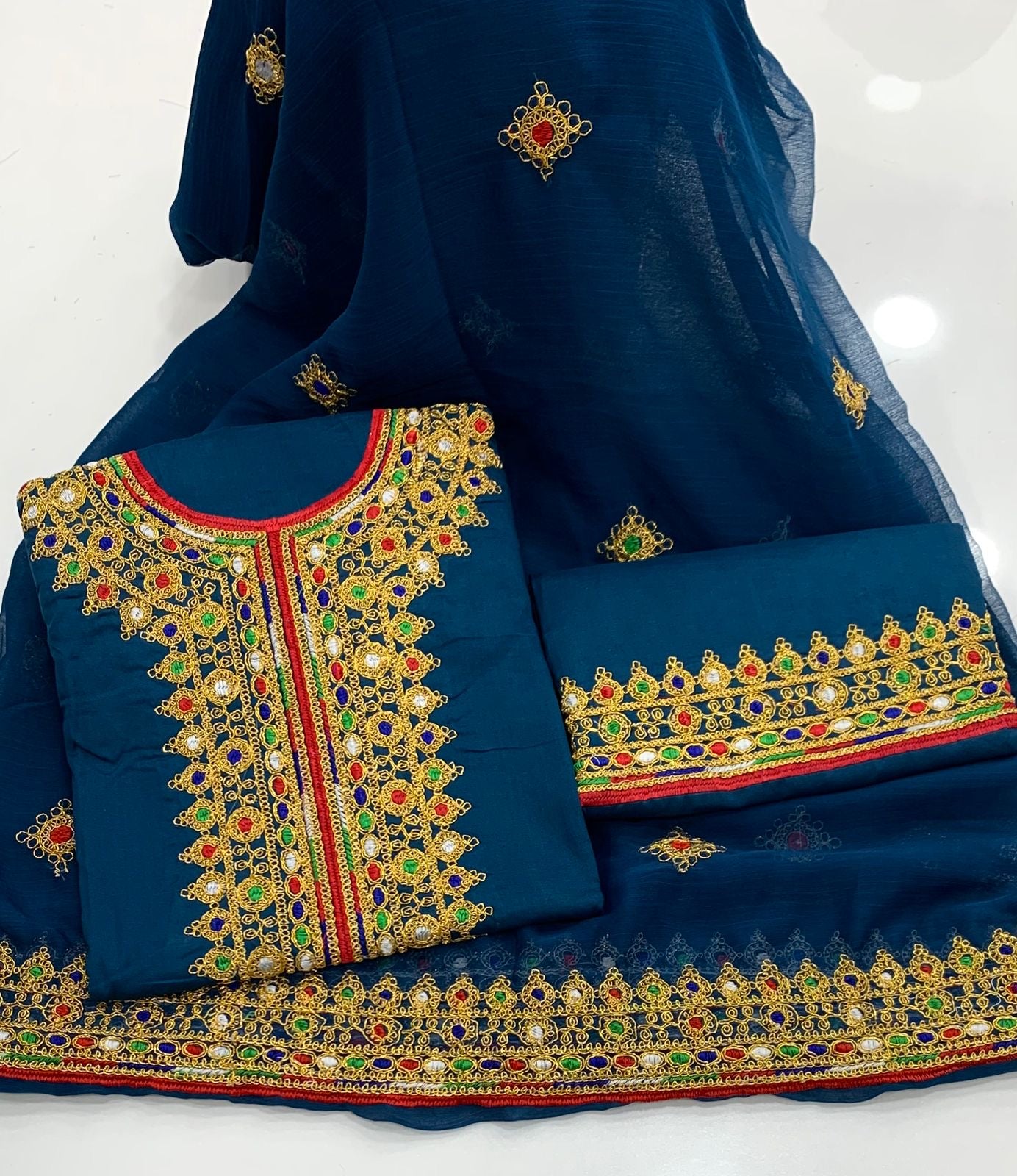 Winter Cotton 3-Piece Suit with Heavy Mukka Machine Work & Chiffon Dupatta