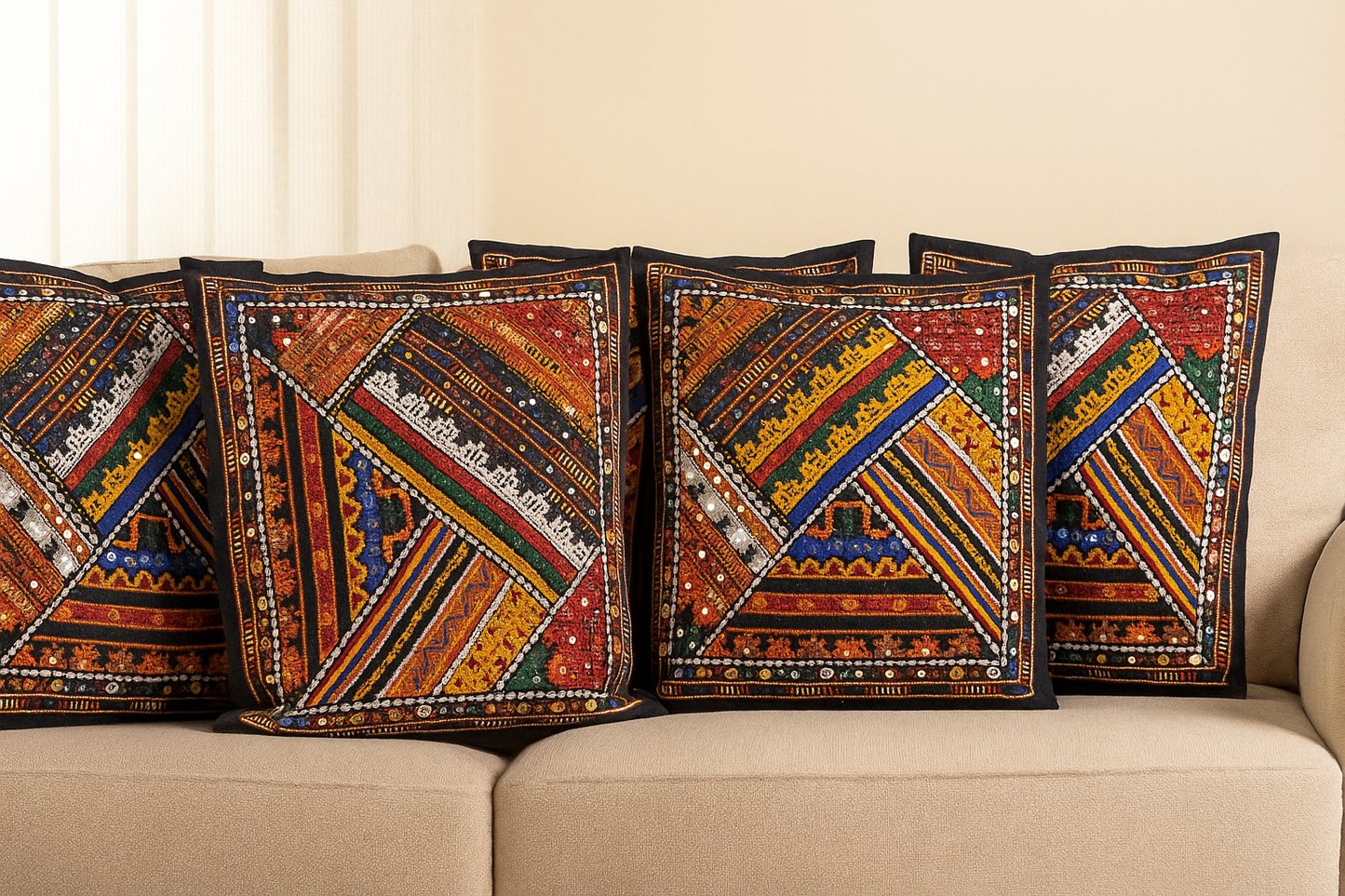 Multi Embroidered Cushion Cover Set (5 Pieces) – Antique Sitara Work