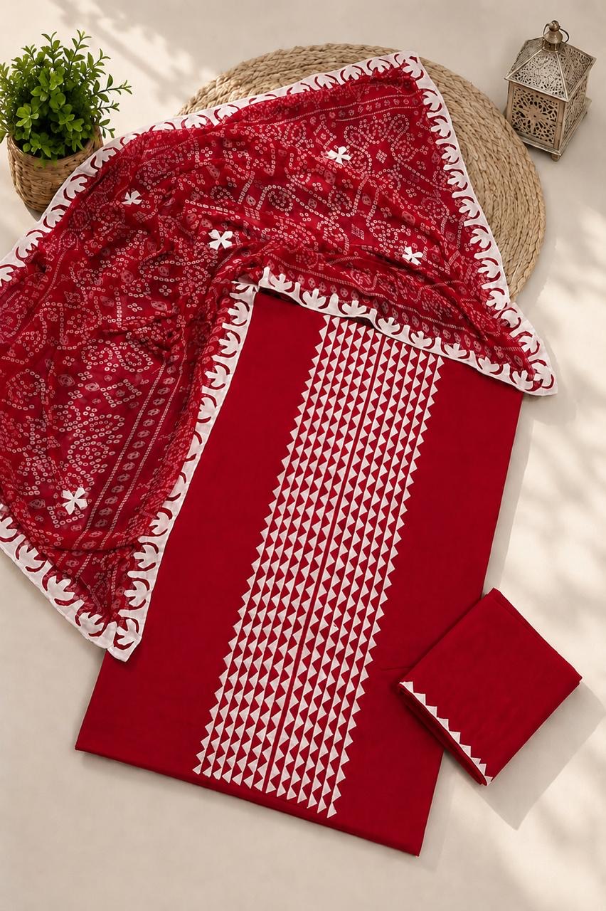 Applic Handwork Lawn Cotton Shirt & Trouser with Four Side Applic Border Chiffon Chunri Printed Dupatta – 3PC Unstitched Dress 👗