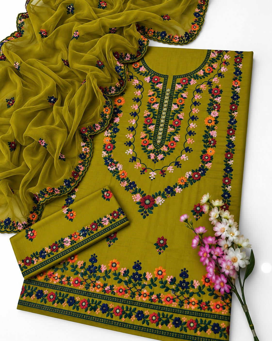 3MM Sequence Sitara Pakka Thread Multi Embroidered Soft Cotton Suit with Premium Chiffon Cutwork Dupatta – 3PC Unstitched Dress 👗