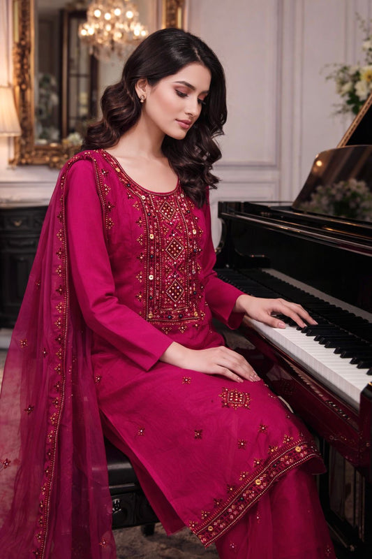 Balochi Thick Thread 9MM Sitara Embroidered Lawn Cotton with Chiffon Dupatta -3PC Unstitch Dress 👗