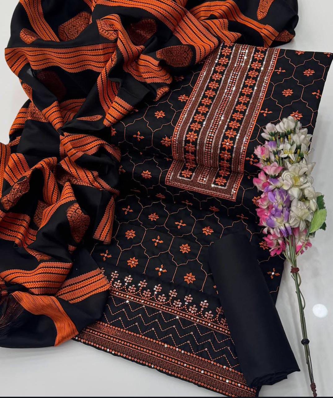 Winter Staple Sussi Suit with 3MM Sequence Sitara Computer Embroidery With Thari Shawl Jacquard Dupatta 3PC Dress 👗