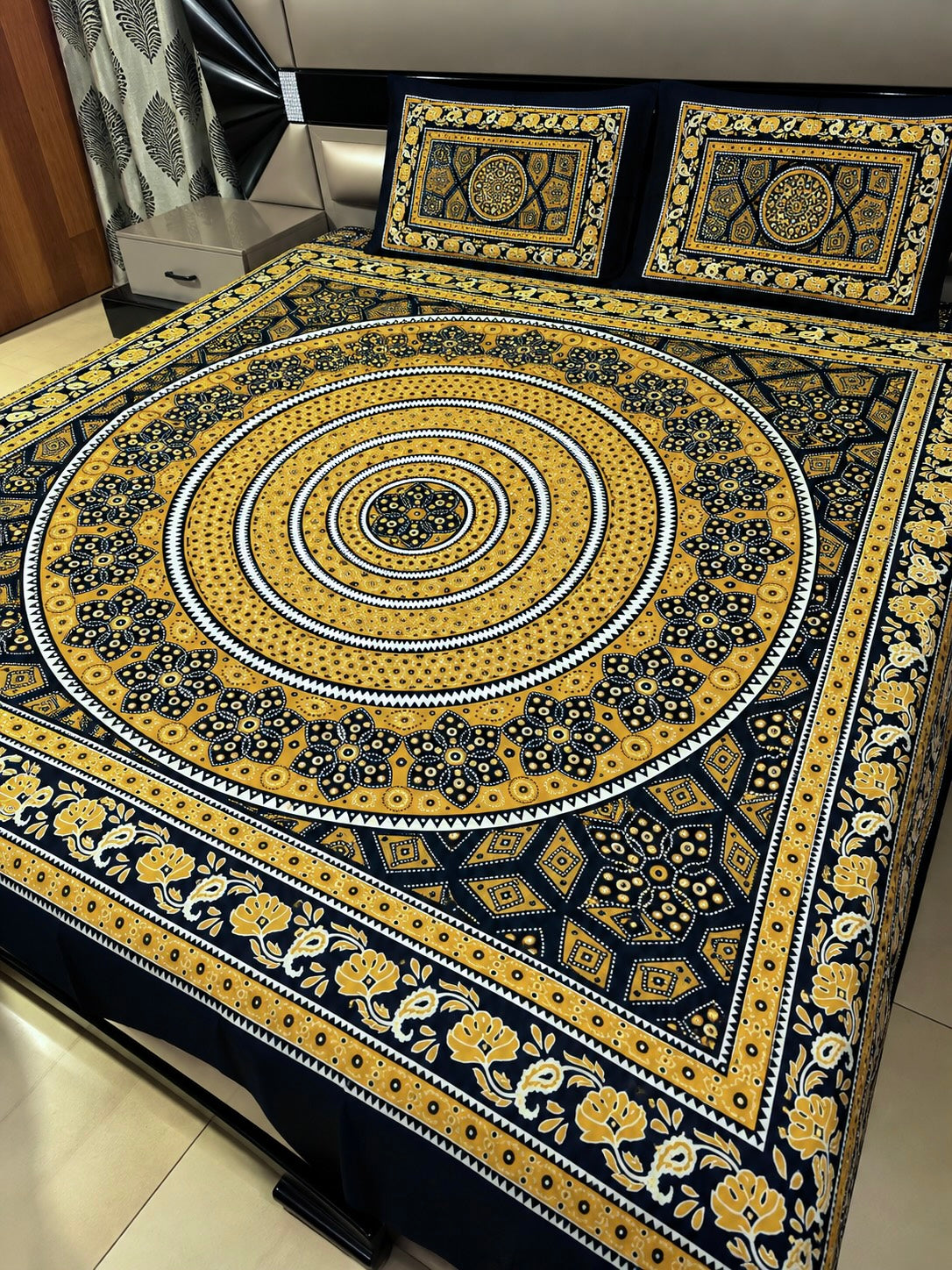 King Size Ajrak Block Hand Print Cotton Stuff Bedsheet Set with 2 Unstitched Pillow Covers