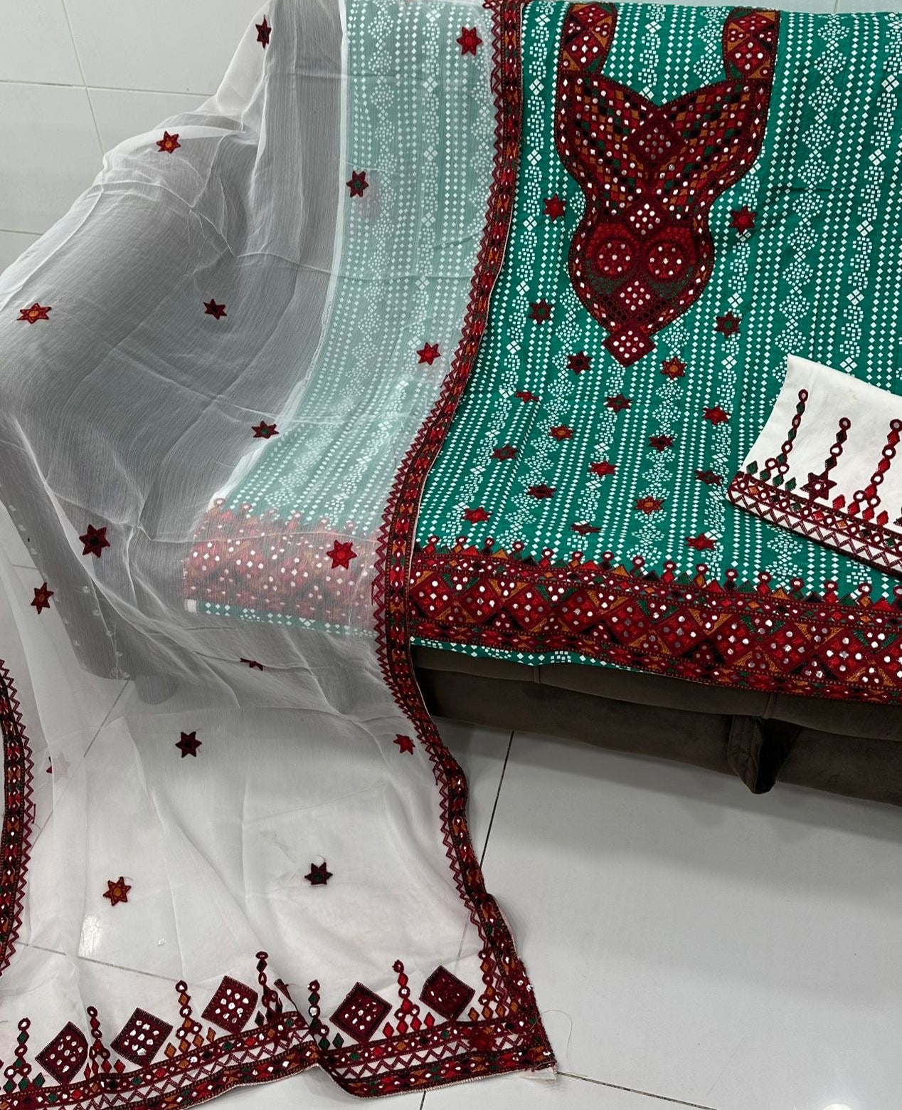 Balochi Ari Sitara Work Chunri Print Cotton 3pc Dress