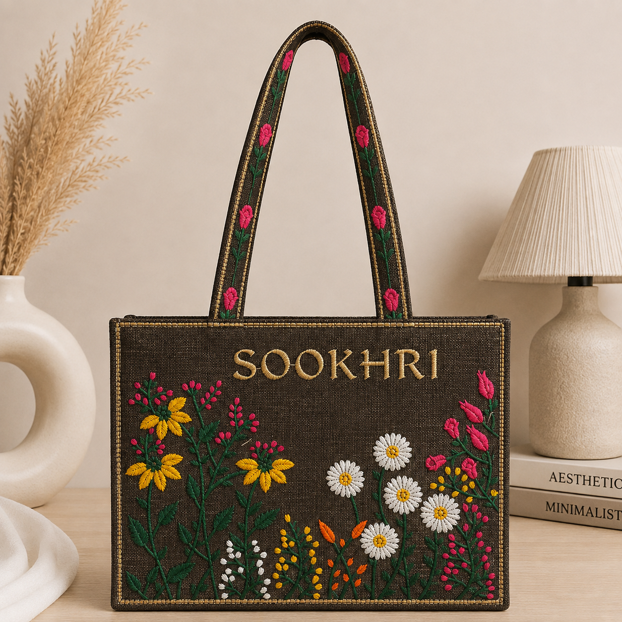 Jute Fabric Computer Flower Embroiderd Tote Bag – (14 Inches Length | 11 inches Width)
