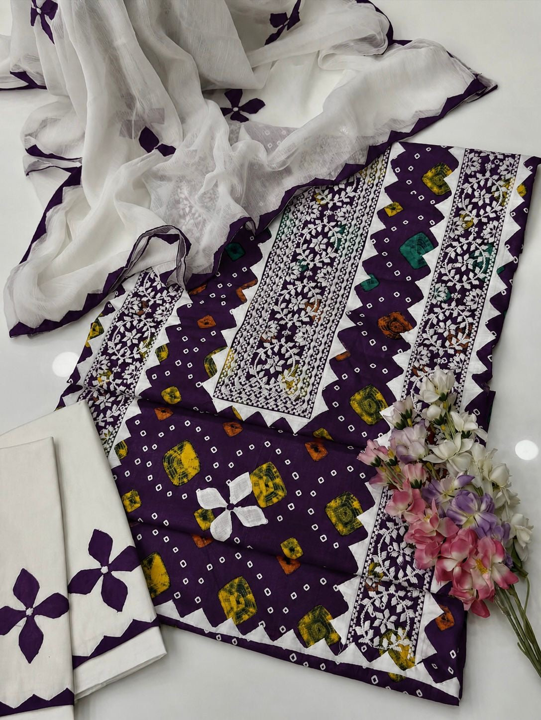Multi Chunri Print Applic Handmade Panel with Patti Embroidered Lawn Cotton With Chiffon Dupatta – 3PC Unstitched Dress 👗