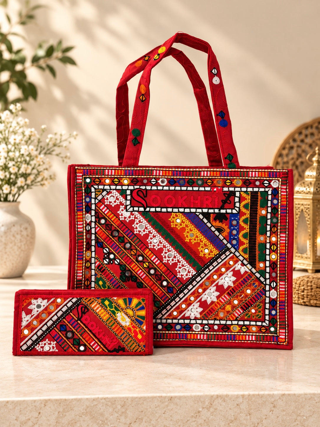 Traditional Multi-Pattern Embroidered Handbag with Matching Clutch – Antique Design