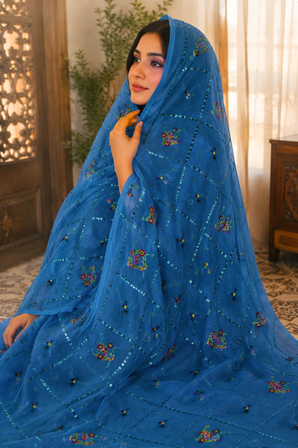 China Swiss Lawn Ladies Shawl with All Over Check Jaal Sequence Sitara Embroidery