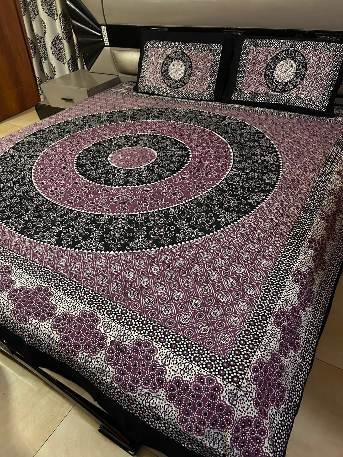 Ajrak Cotton King Size Block Print Bedsheet with 2 Unstitched Pillow Covers