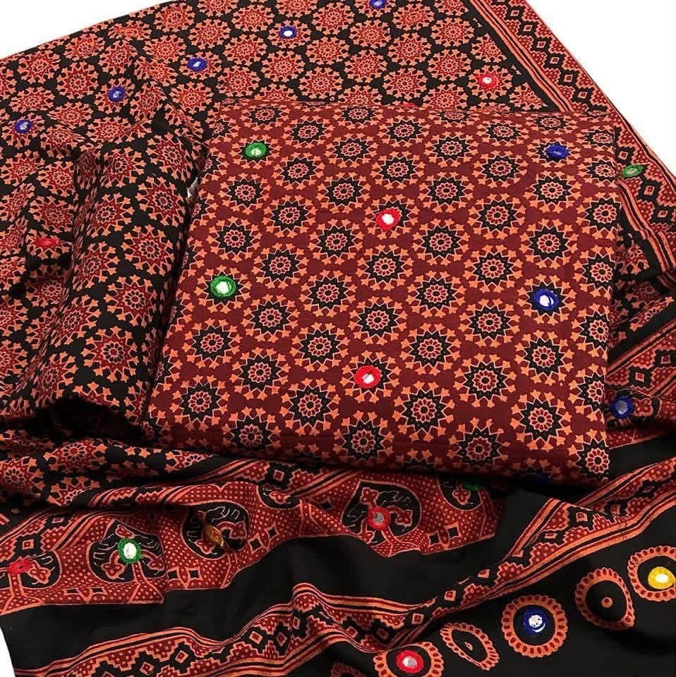 Ajrak Block Print Cotton 3-Piece Suit with Multi Sitara Foil Work – Hand-Dyed Traditional Elegance