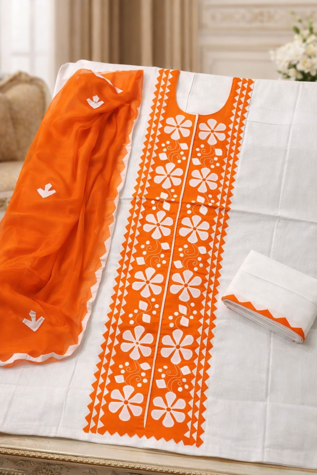 Handmade Applique Work Suit – Soft Cotton Fabric with Contrast Chiffon Dupatta - 3PC Unstitch Dress