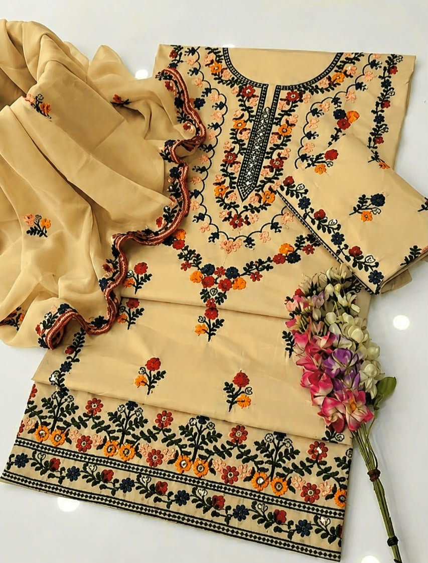 3MM Sequence Sitara Pakka Thread Multi Embroidered Lawn Cotton Suit with Bamber Chiffon Cutwork Dupatta – 3PC Unstitched Dress 👗