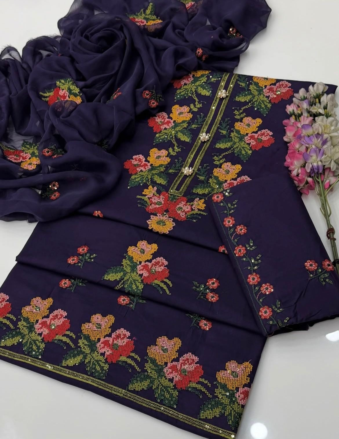 3MM Sequence Sitara Heavy Cross Stitch Multi Floral Embroidery Lawn Cotton with Chiffon Dupatta - 3PC Unstitched Dress 👗