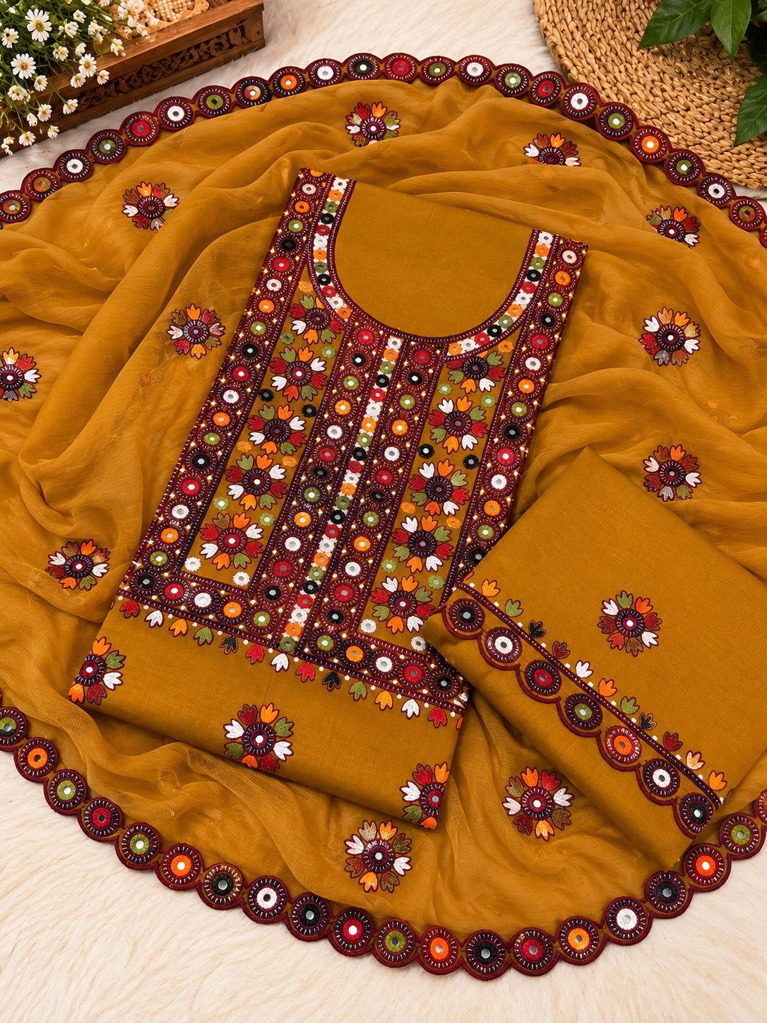 Multi Balochi Thick Thread Sitara Embroidered Soft Cotton with Cutwork Border Chiffon Dupatta - 3PC Unstitched Dress 👗
