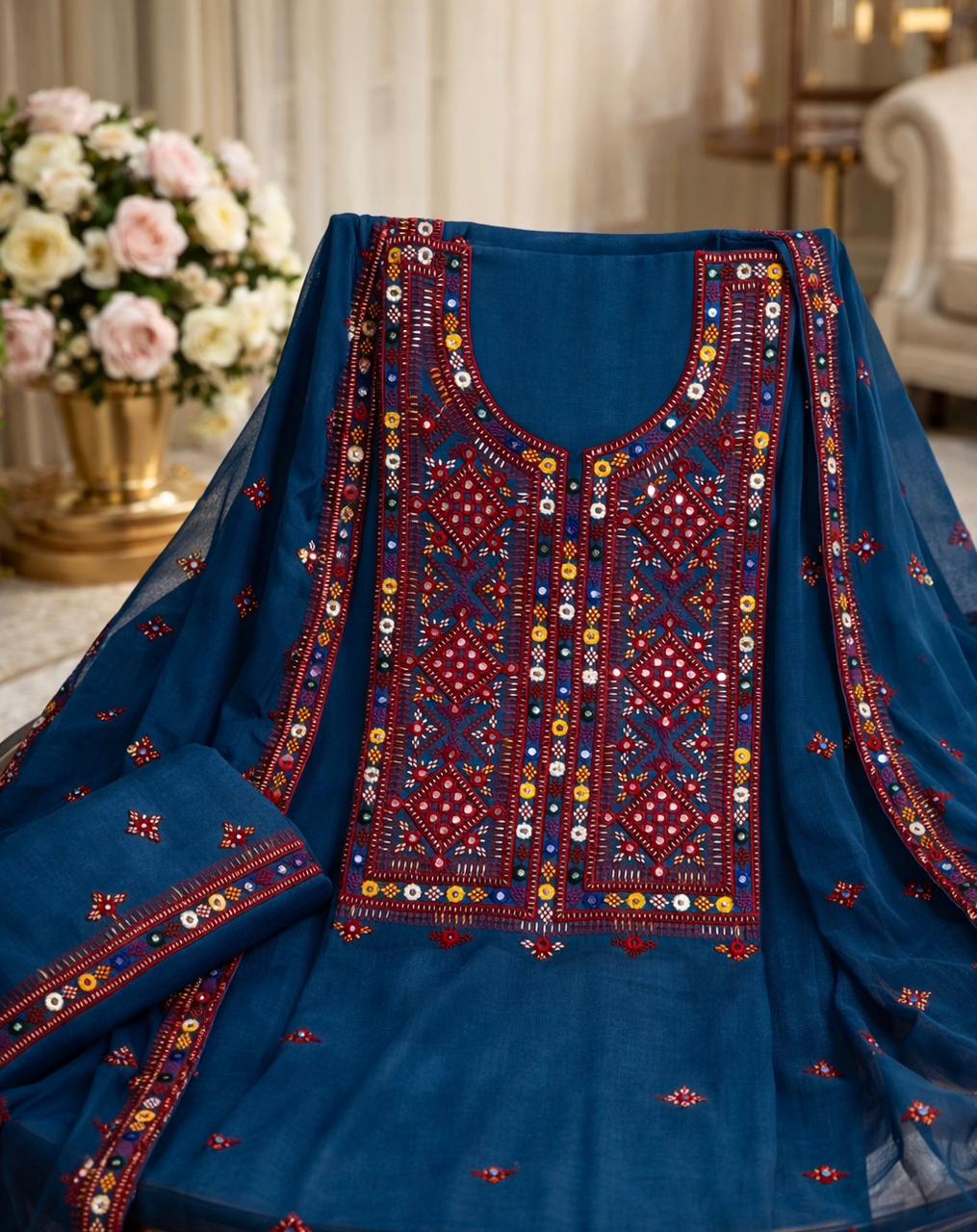 Balochi Thick Thread Sitara Embroidery Lawn Cotton With Chiffon Dupatta - 3PC Unstitch Dress 👗
