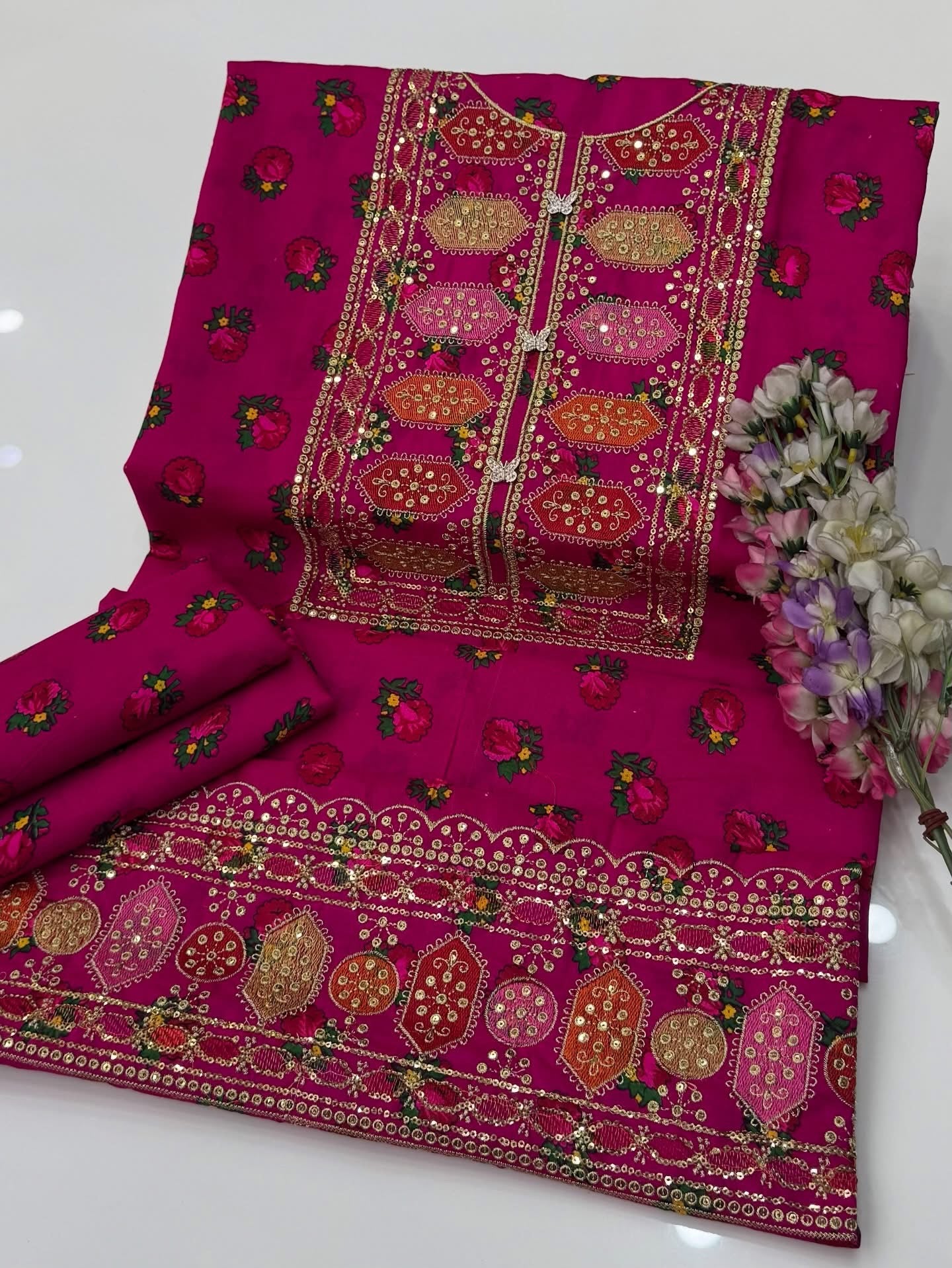 Acrylic Marina Floral Printed 2 Piece Unstitched Suit with Sequence Sitara Work Embroidery