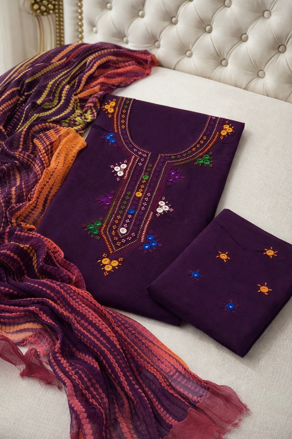 Handmade Balochi Gala Soft Cotton with Mirror Work Tie & Dye Chiffon Dupatta – 3PC Unstitch Dress 👗