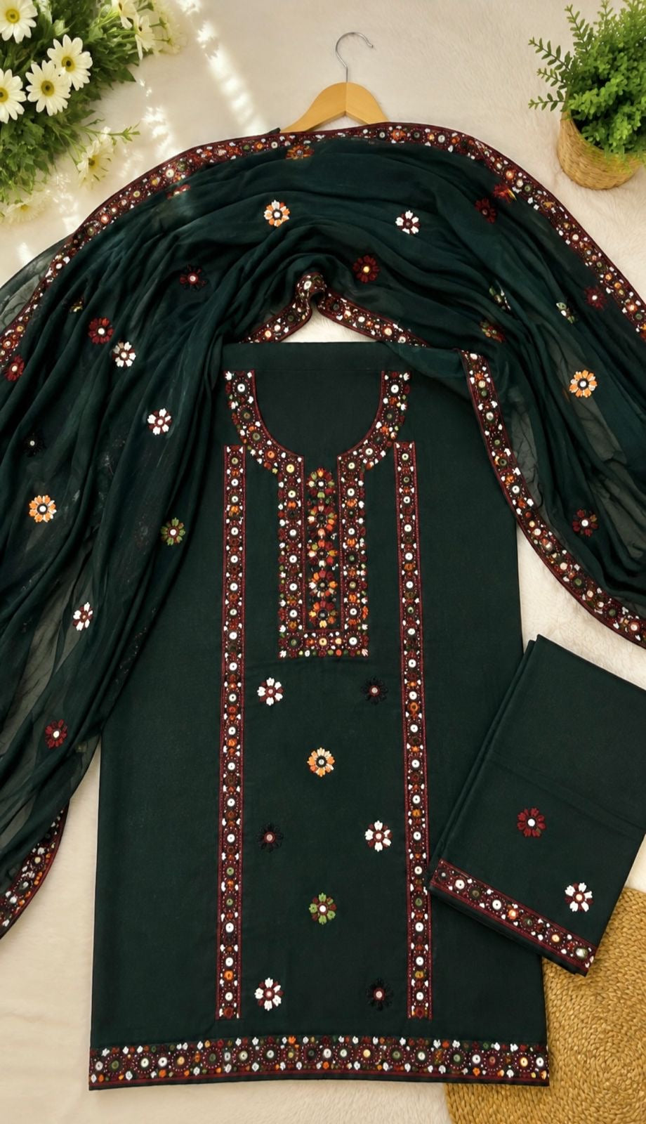 Balochi Multi Thick Thread & 9MM Sitara Heavy Embroidered Soft Cotton Shirt & Trouser with Chiffon Dupatta | 3PC Unstitched Dress 👗
