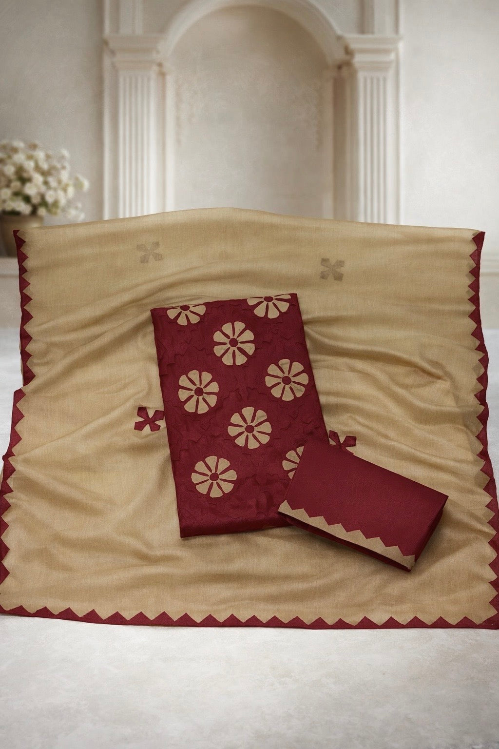 Handcrafted Soft Cotton Applique Work 3-Piece Unstitched Dress with Net Front Panel & Chiffon Dupatta