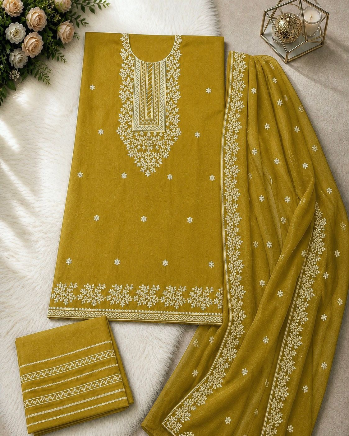 Applic Patti Zari Embroidered Lawn Cotton with Chiffon Dupatta - 3PC Unstitch Dress 👗